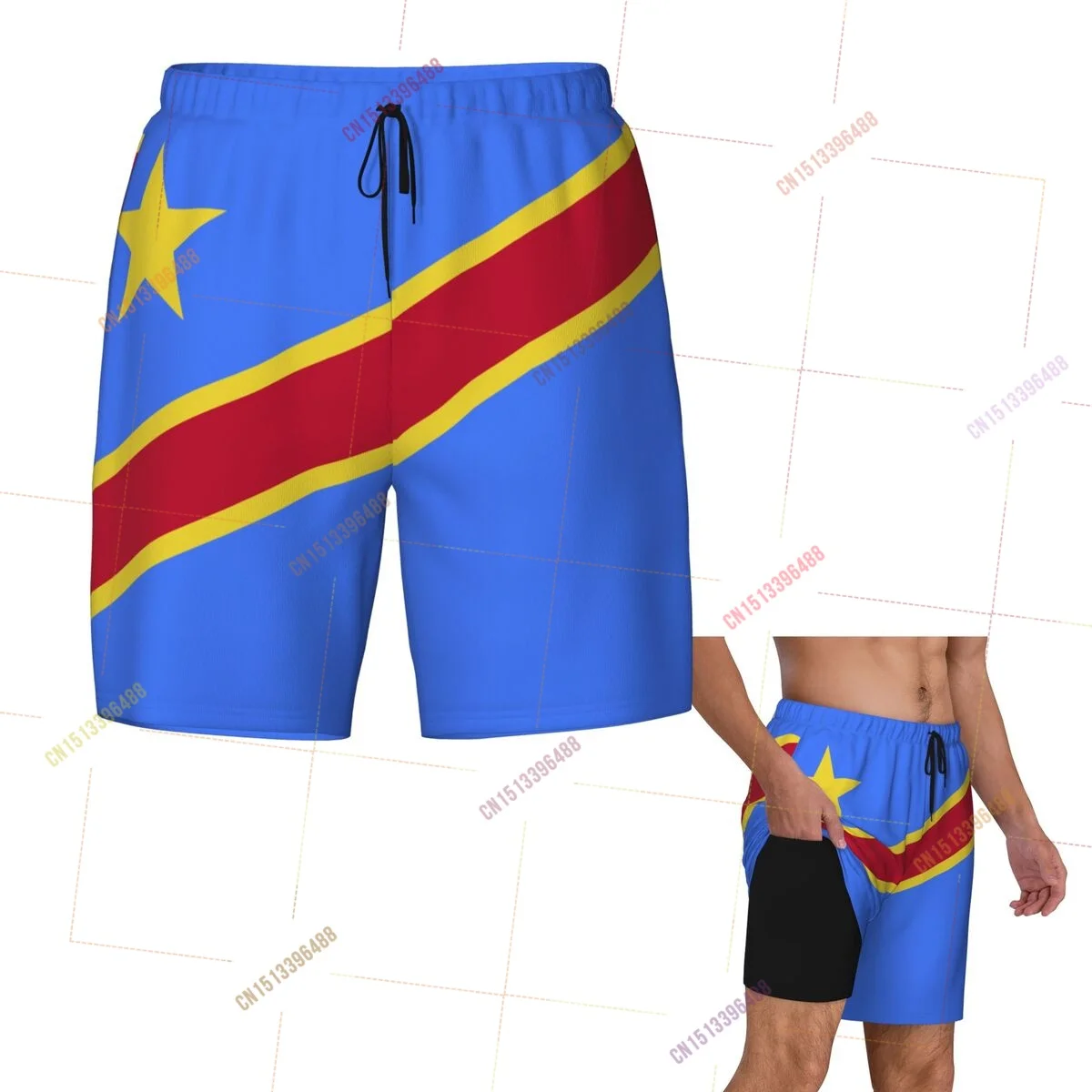 Democratic Republic Of Congo Flag Top Print 3D Mens Swimming Trunks Hawaiian Bathing Beach 2 in 1 Quick-Dry Summer Swim Shorts