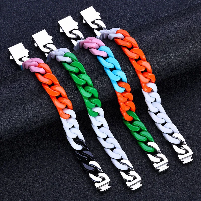 2026 Hot Sale Colored Enamel Cuban Bracelet, Fade-resistant Titanium Steel, High-end Hip Hop Jewelry for Men Women