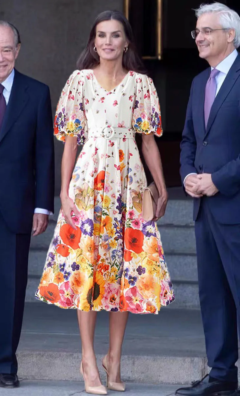 

Retro Palace Style V-Neck Women Dress Slim-Fit Lantern Sleeves Printing Long Dress