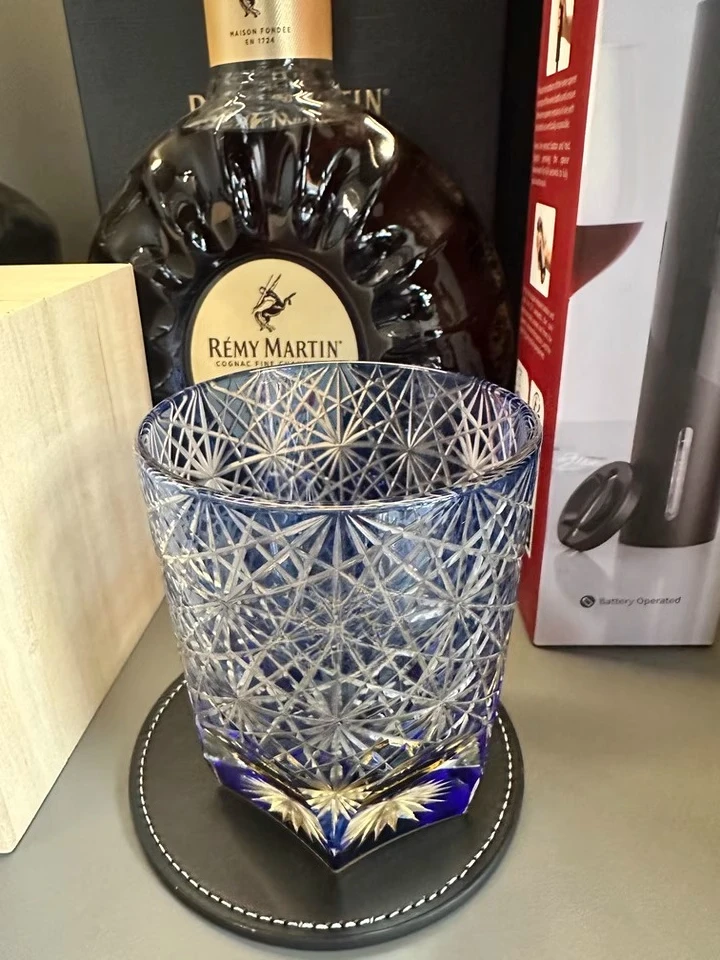 Edo cut blue daisy cup handmade bartending crystal whisky cup
