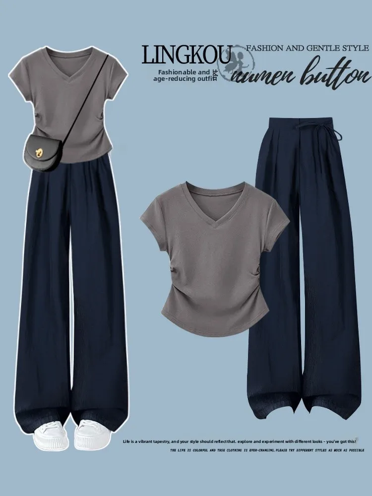 

Korean High-End Summer Fashion Slimming T-Shirt Set with Loose Casual Mountain Pants V-Neck Short Sleeve High Waist Trousers