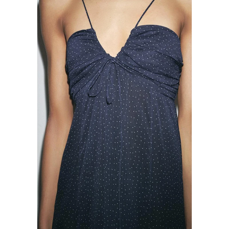 春の新作 レディースワンピース プリーツ素材 アシンメトリーヘム 水玉模様 Vネック ストラップレスワンピース ポリエステル00%