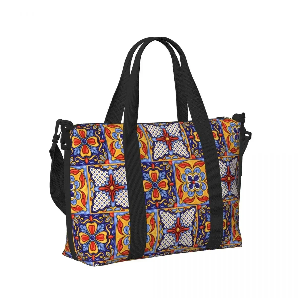 Mexican Talavera Flower Folk Ceramic Tile Art 18 Beach Travel Bag Tote Bags for Gym Yoga Women Shopping Duffle Shoulder Bag