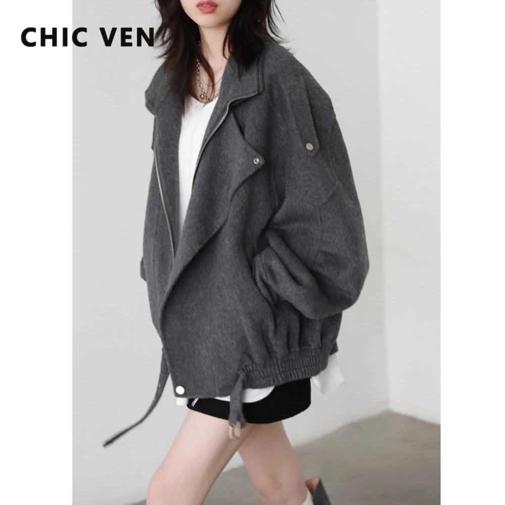 CHIC VEN Korean Women Woolen Coat Solid Loose Casual Stand Collar Motorcycle Jacket for Woman Female Outwear Autumn Winter 2026