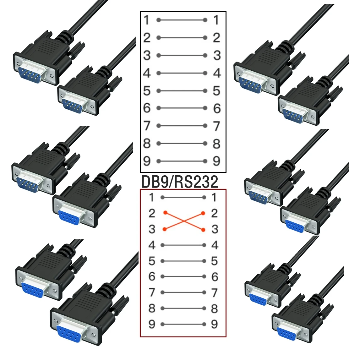 DB9 Serial Cable 9 Pin RS232 Serial Cable Male To Female PC Converter Extension Cable 9Pin Adapter Null Modem 2x3 crossing