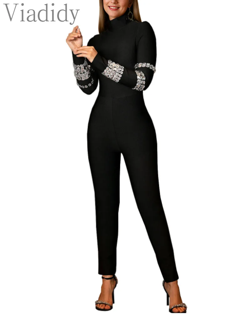 

Женские сексуальные однотонные узкие комбинезоны с длинными рукавами и стразами, комбинезоны