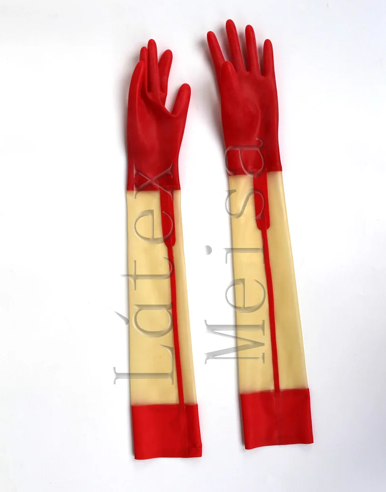 

100% natural adult's long five finger gloves main in red and transparent colors