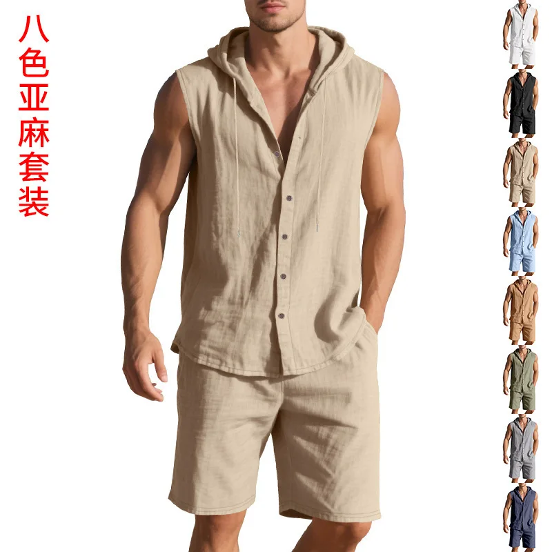 Cross-border Loose Linen Casualcasual Hooded Sleeveless Sports Shirt Shorts Two-piece Set