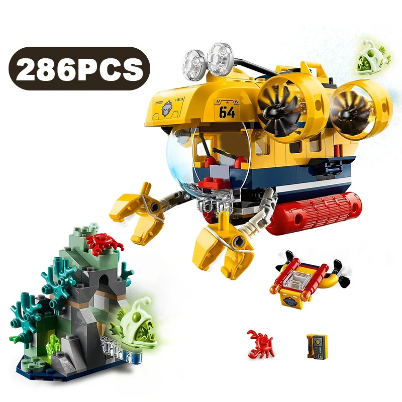 

286 шт., городская серия, океанская лодка, подводная лодка, океан, строительные блоки, подводный фонарь для исследования, рыбные кирпичи, игрушка в подарок для ребенка