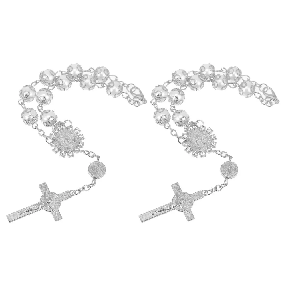 

2pcs Cross Hanging For Mirror Gold Silver Trim Imitation Pearl Pendant Car Interior Decoration Blessing Auto Rosary Ornament