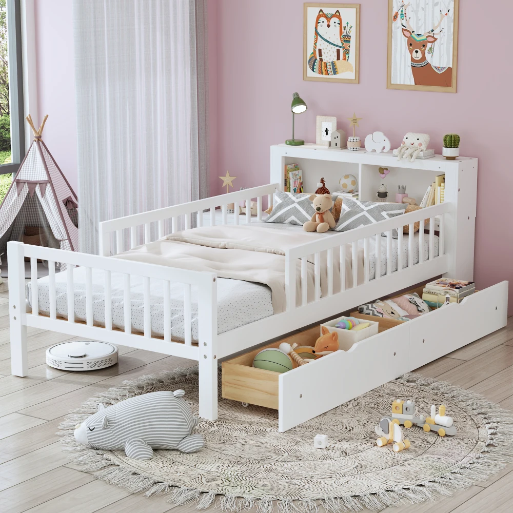 

Twin Size Bed with Headboard Storage Rack, Two Under-Bed Drawers, Three-Side Guardrails for Safety and Security,White