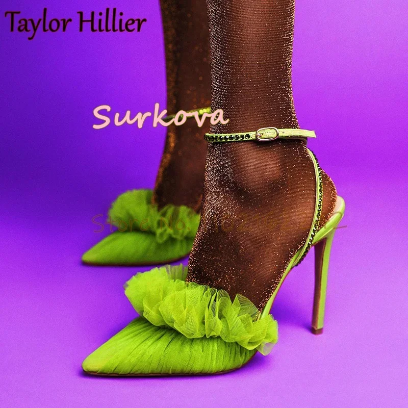 

Elegant Green Pleated Tulle High Heels Pointed Toe Stiletto Rhinestone Pumps Women'S Ankle Strap Spring Party Pumps Shoes Ladies