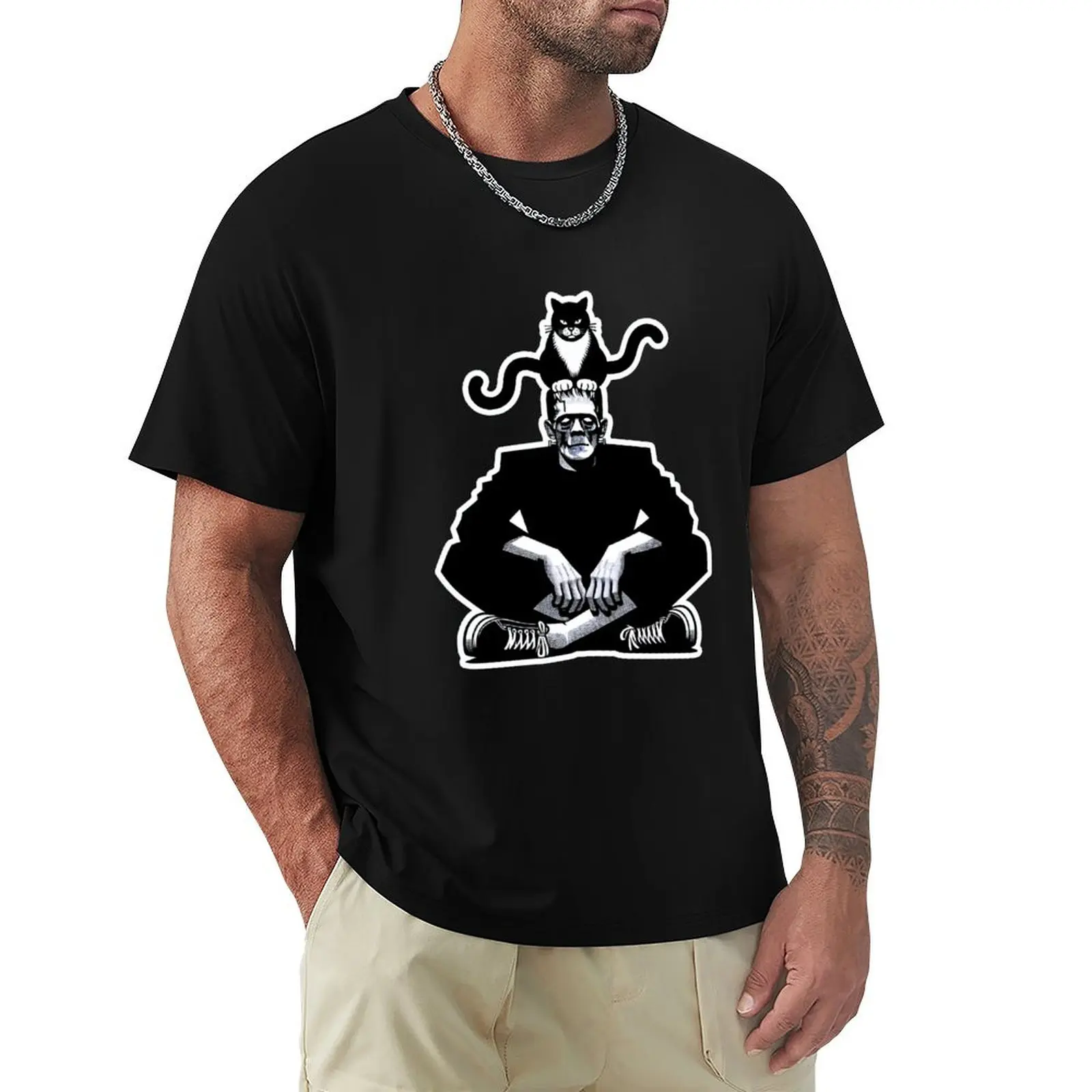 

Frankenstein with a cat on his head T-Shirt T-shirts oversize affliction shirts Men's cotton t-shirt