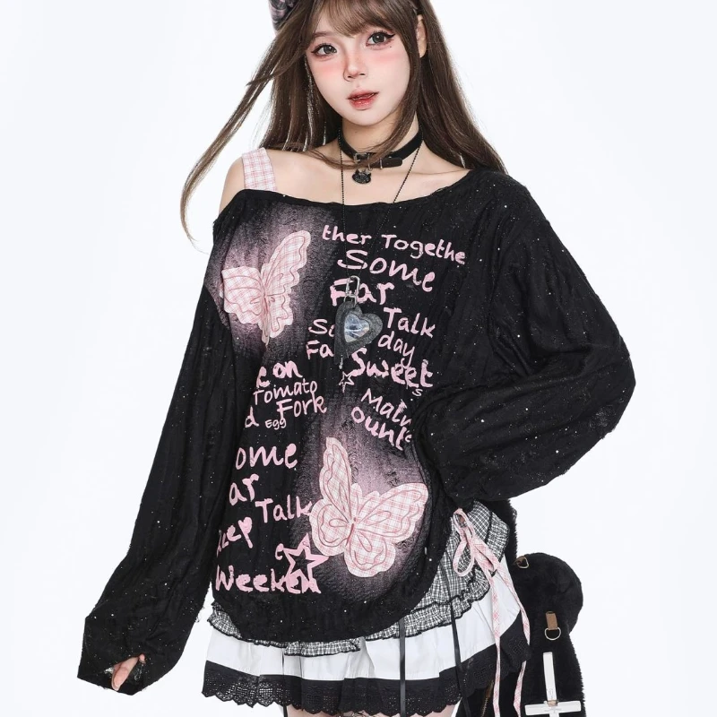 

Plaid Patchwork Skew Collar T-Shirt Harajuku Butterfly Letter Printing Loose Tshirts Y2k Aesthetic Drawstring Casual Tees Femme