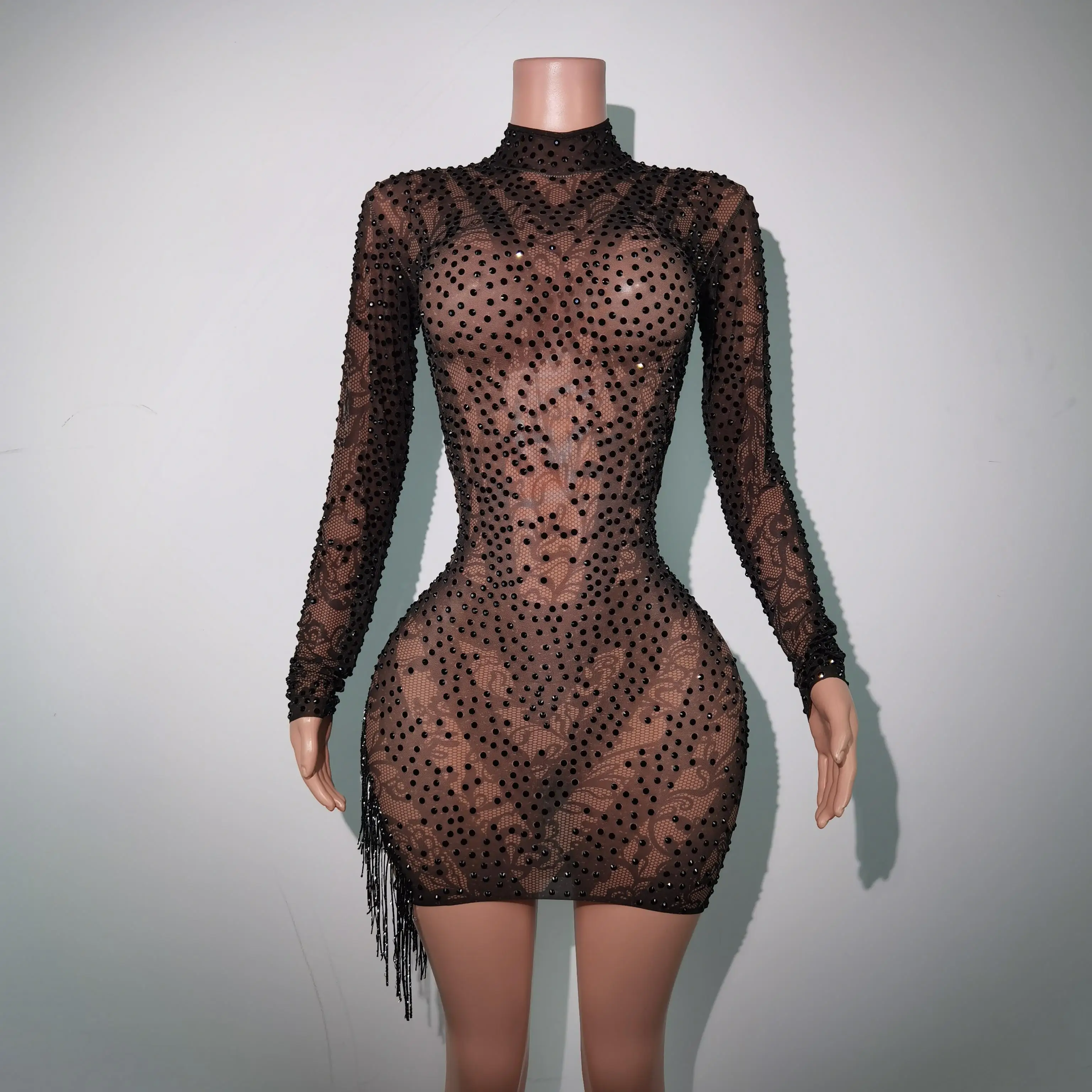 Rotterdam Kly-Robe Courte Noire avec Strass et Pompon pour Femme, Tenue de Soirée Sexy pour Anniversaire, Bal de Promo, Séance Photo, Diban de Scène