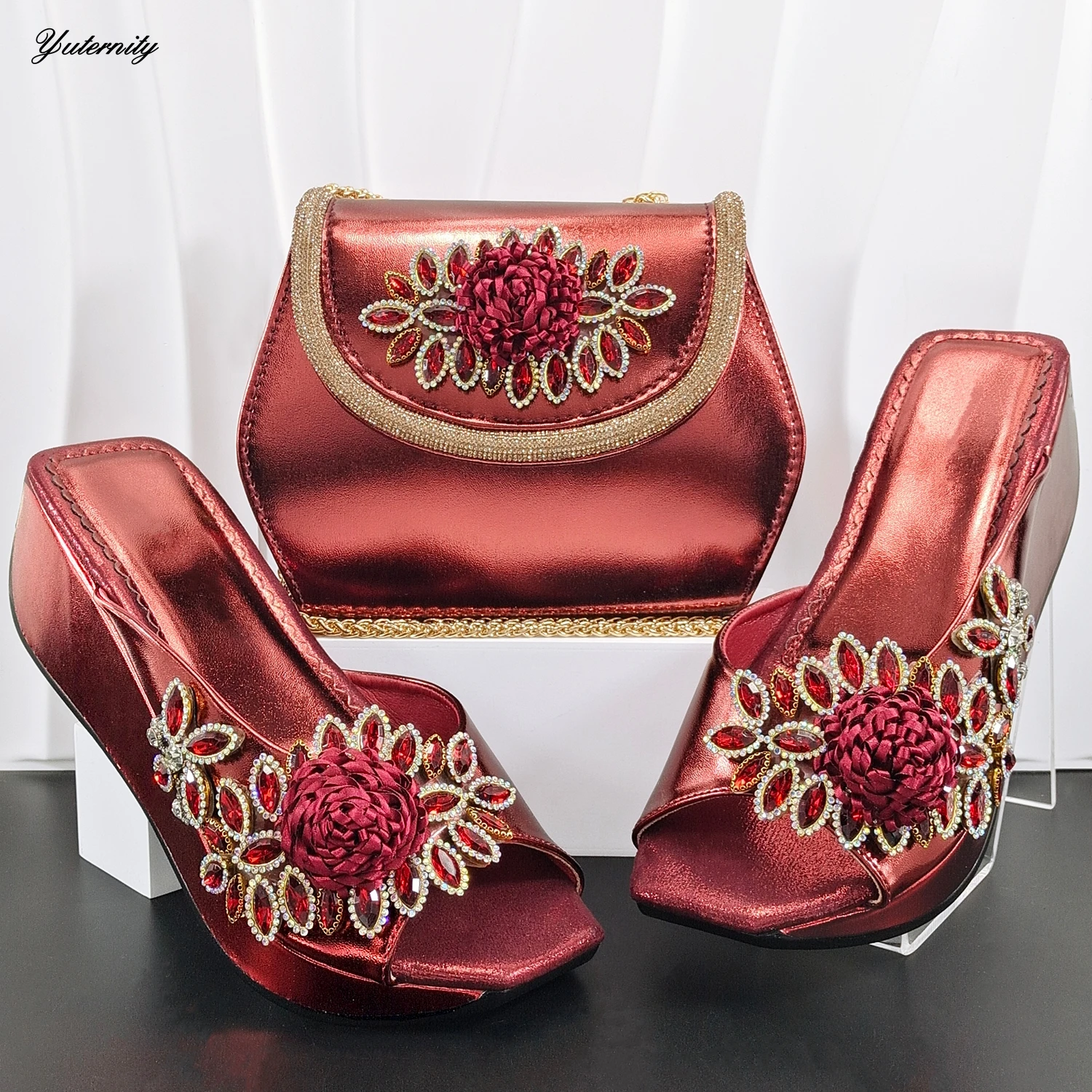 

High Quality Rhinestone Ladies Wedges Heels Shoes And Bags Set African Style Pumps Shoes And Bag Set For Evening Party