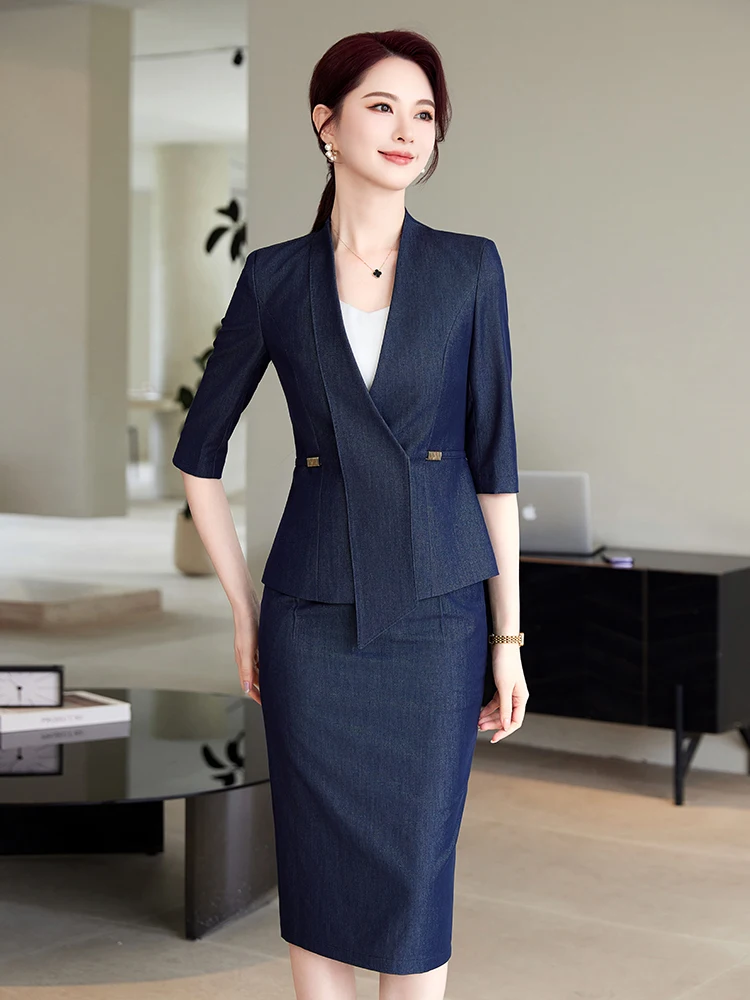NAVIU ใหม่ฤดูใบไม้ผลิฤดูร้อนหญิง Elegant ผู้หญิงชุดกระโปรง Apricot Navy Blue Blazer และกระโปรงสํานักงานธุรกิจ Lady 2 ชิ้นชุด