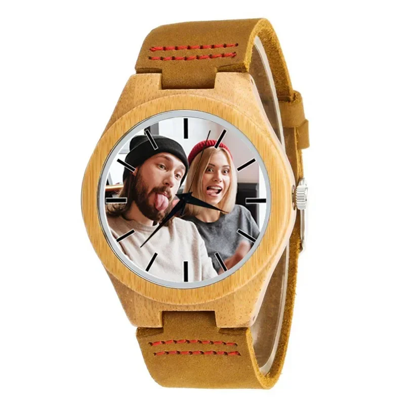 A3315m ساعة خشبية مخصصة للصور مطبوعة بشعار العلامة التجارية الخاصة بك من جلد الخيزران كوارتز كاجوال للرجال ساعات إبداعية خشبية