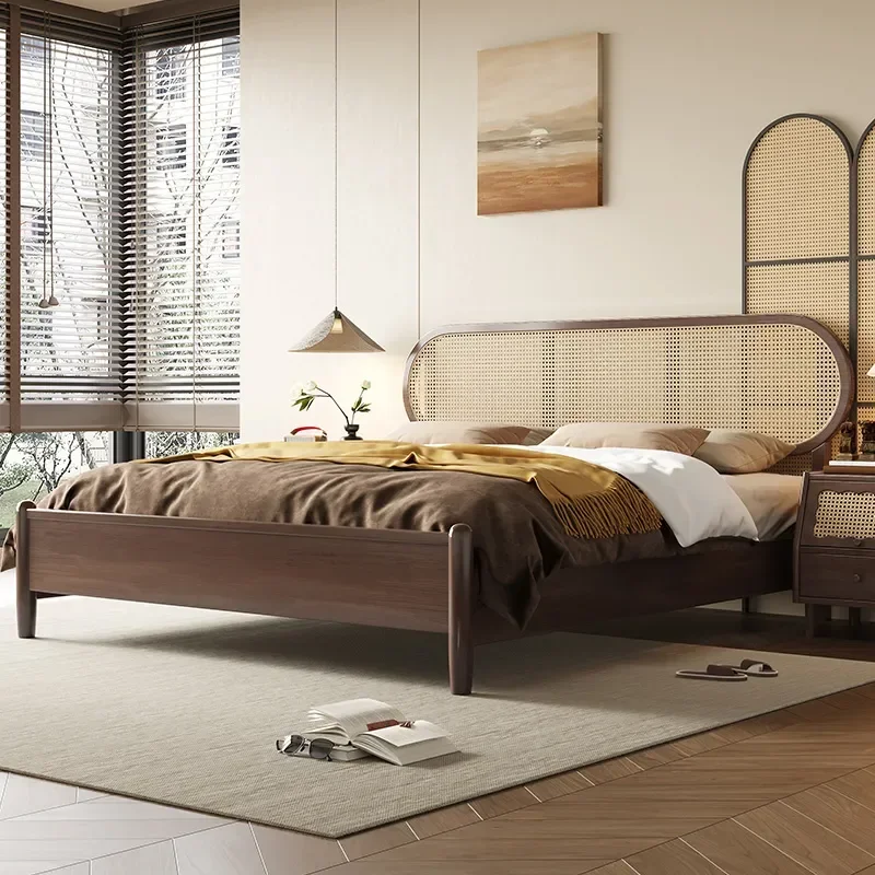 Medieval style solid wood bed Light luxury master bedroom Rattan bedside backrest solid wood bed Superior bedroom