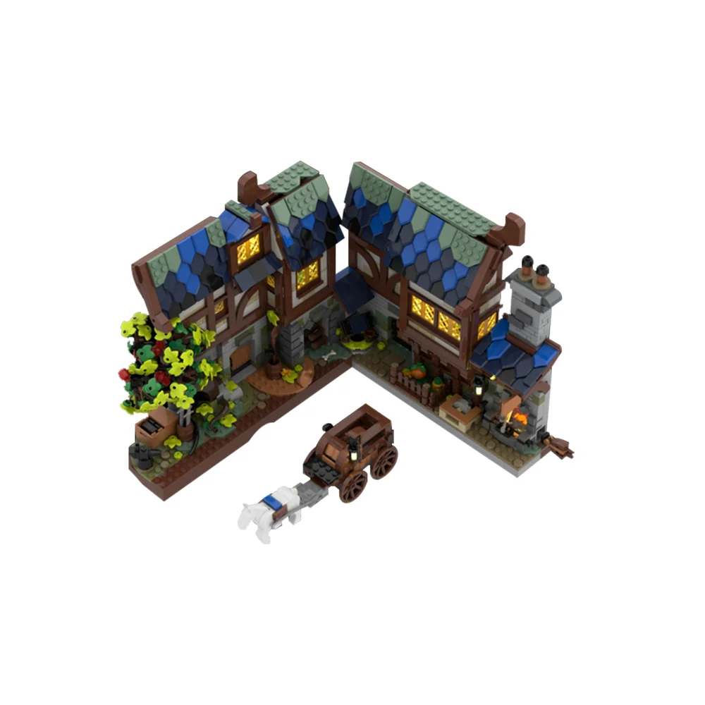 Moc medieval ferreiro nook blocos de construção forno luminoso sala casa bookends livro nook design arquitetura tijolos brinquedo presente