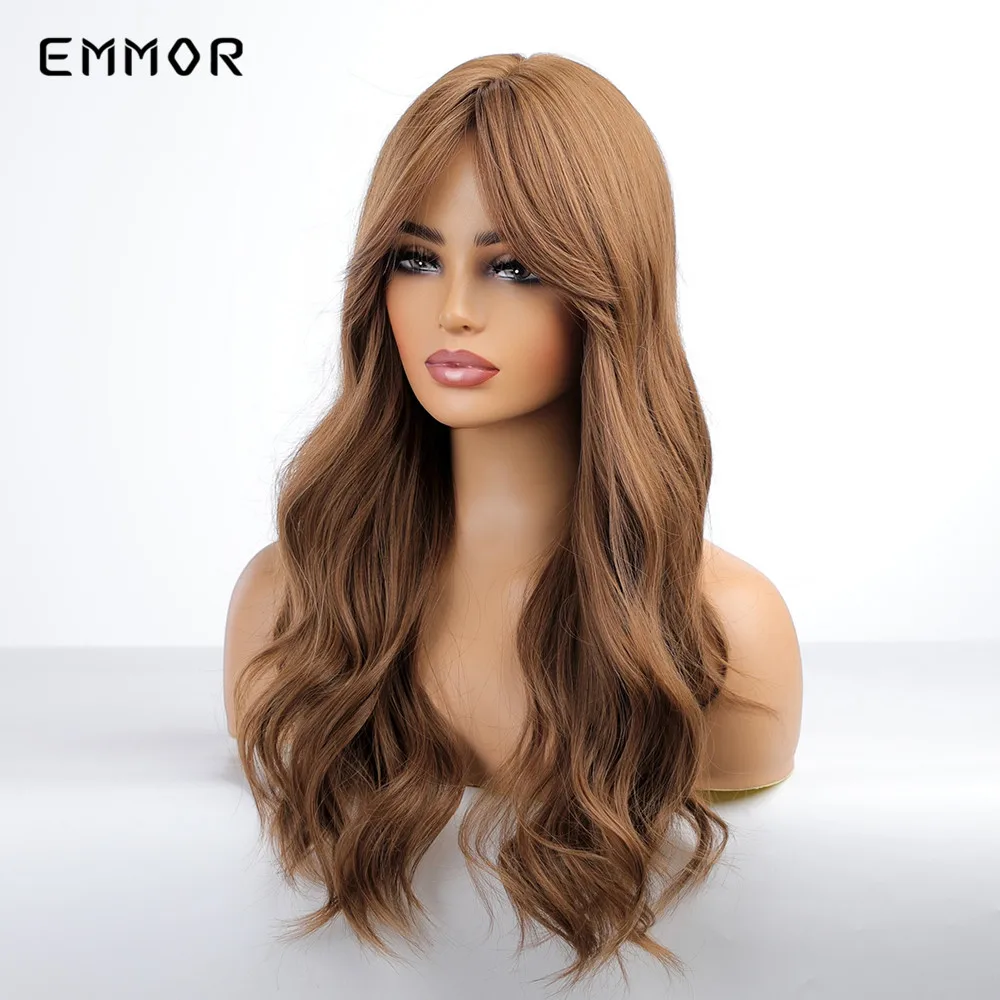 Emmor Synthetic Long Wavy Wigs with Bangs Cosplay Natural Ombre Brown to Dark Blonde Hair for Women High Temperature Fiber Wig