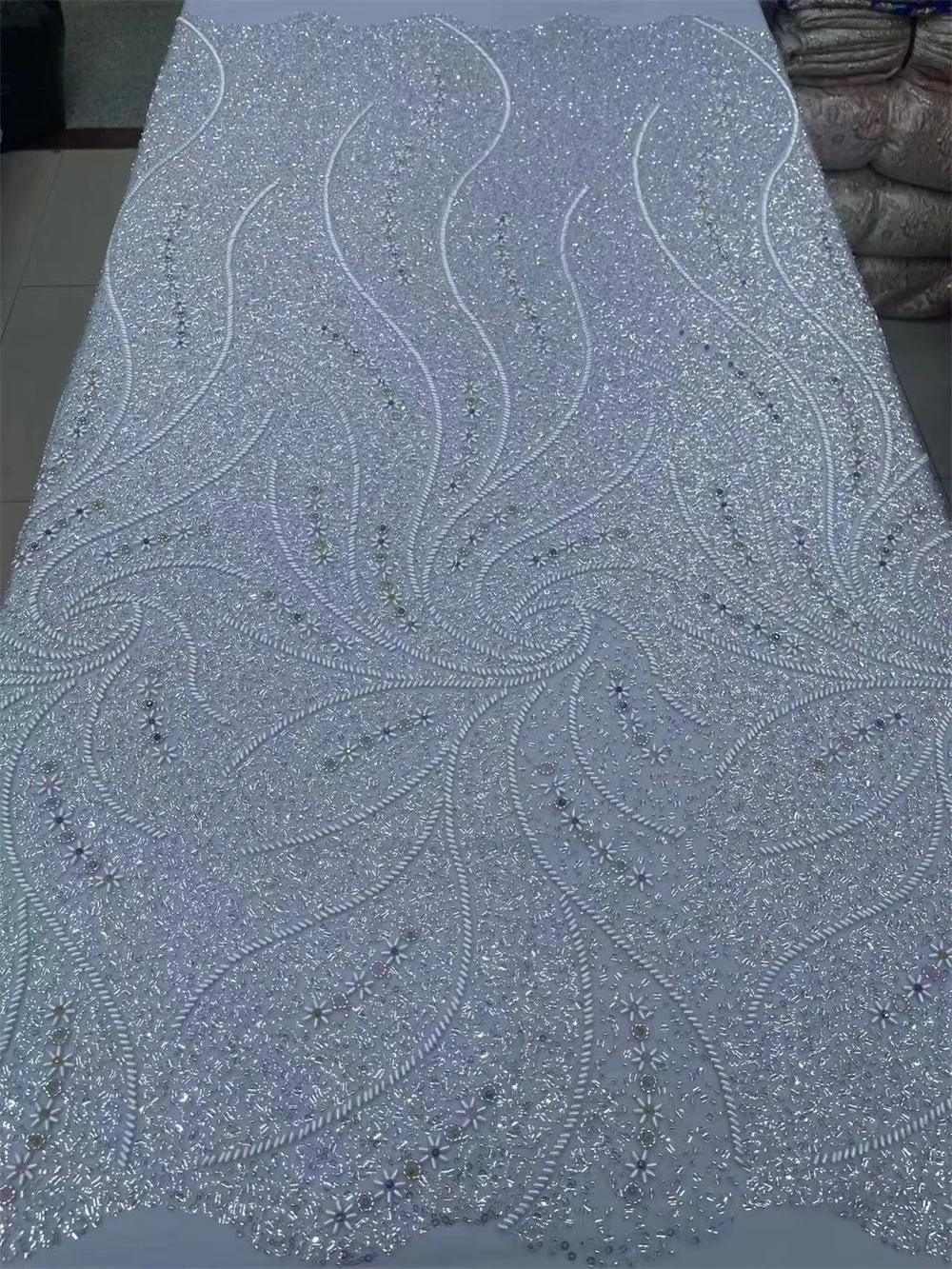 High-end French Tulle Embroidery Lace Fabric African Nigerian Beaded Sequins Lace Fabric for Wedding Party Dress 5 Yards Sewing