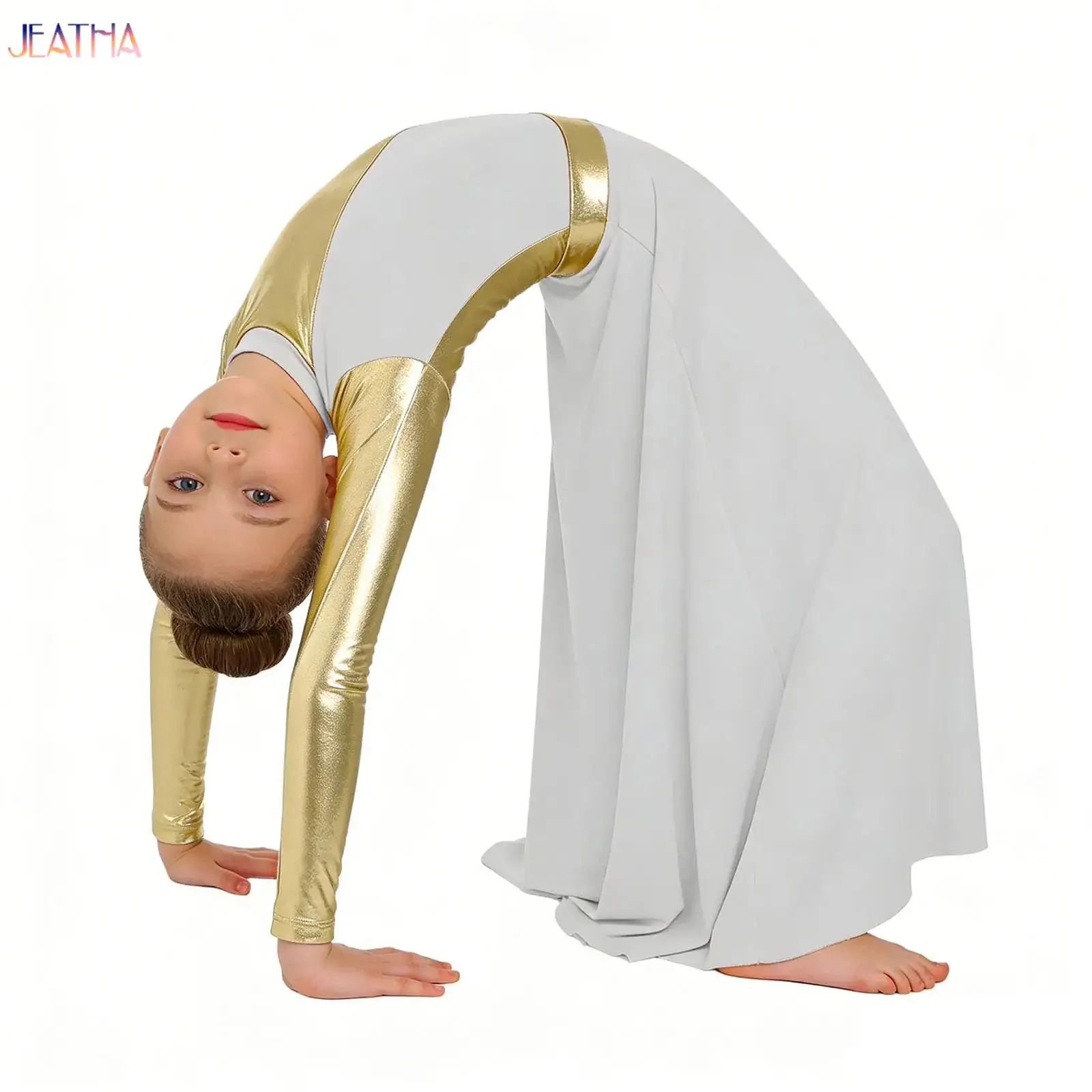 

Kids Modern Lyrical Liturgical Dance Costume Girls Church Choir Worship Praise Dress Long Sleeve Gown with Built-in Leggings