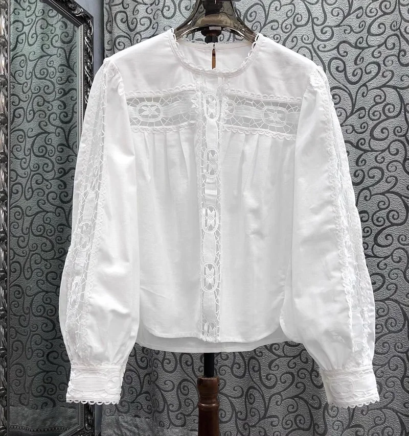 High Quality Linen Shirts 2025 Spring Style Women Sexy Crochet Lace Embroidery Patchwork Long Sleeve Elegant White Blouses Shirt