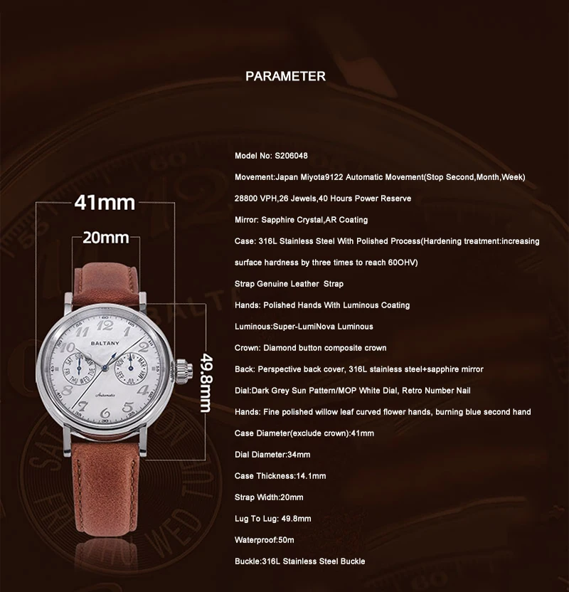 Baltany Men Automatic Watch 41mm Pilot Mechaical Wristwatch Sapphire Mirror 50M Waterproof Miyota 9122 Month Week