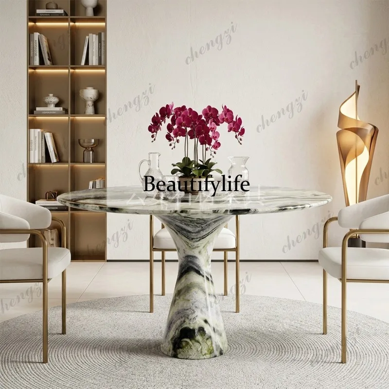 A114 Nordic light luxury high sense natural green marble round dining table living room sofa negotiation table