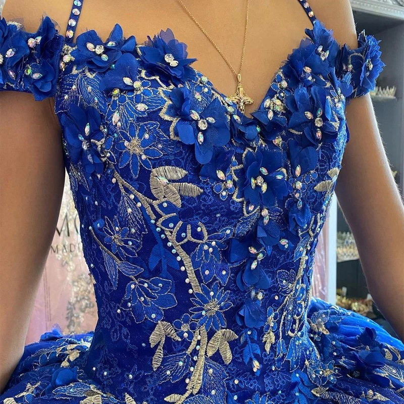 Royal Blue Sequined Beading Off The Shoulder Quinceanera Dresses Ball Gown Handmade Flowers Crystal Corset Sweet 15 Party Wear