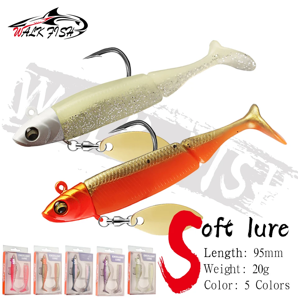 WALK FISH 20g 95mm Weicher Angelköder, Bestseller, Jigkopf, T-Schwanz, Silikon-Wobbler, Metall-Spinner, Löffelköder für Hecht, Forelle, Seebarsch