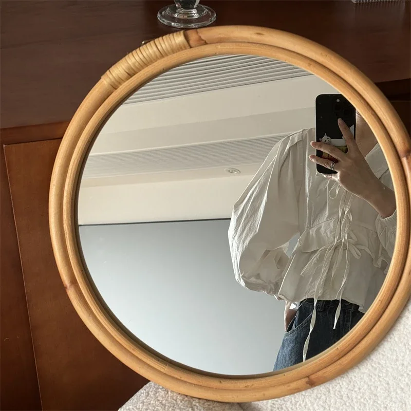 Medieval Rattan Mirror Makeup Mirror Retro Wabi Sandy Wind Japanese Round Mirror Homestay Clothing Store Cafe Shop