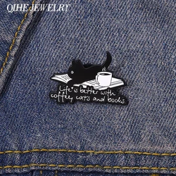 Cute Black Cat Enamel Pin Coffee Kitten Reading Brooch Jewelry Punk Lapel Clothes Backpack Kids Women Gift Accessories Wholesale