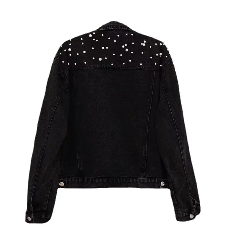 Blue Black Denim Jacket Woman Denim Coat Turn Down Collar Single Breasted Beaded Pearl Loose Casual Regular Short Jacket