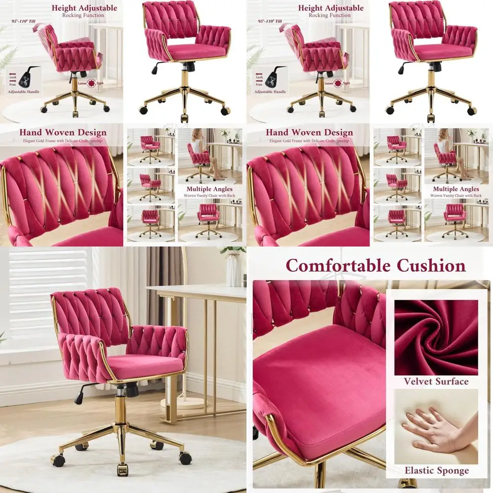 

Плетеное вручную вращающееся кресло для туалетного столика с регулируемой высотой, золотым основанием и колесиками - ярко-розовый цвет