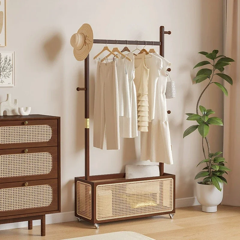 Mobile Solid Wood Garment Rack Rolling Floor Clothes Organizer Space-Saving Laundry Basket Versatile Wardrobe Storage Solution