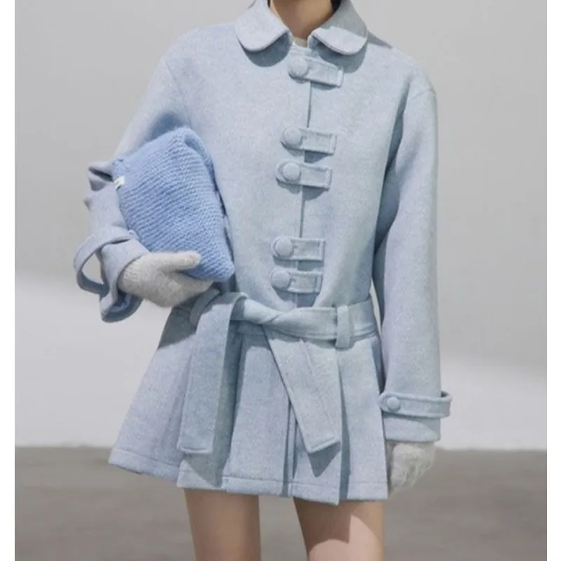 Blue Woolen Coat Women's Winter New Medium and Long High-end Thin Woolen Coat