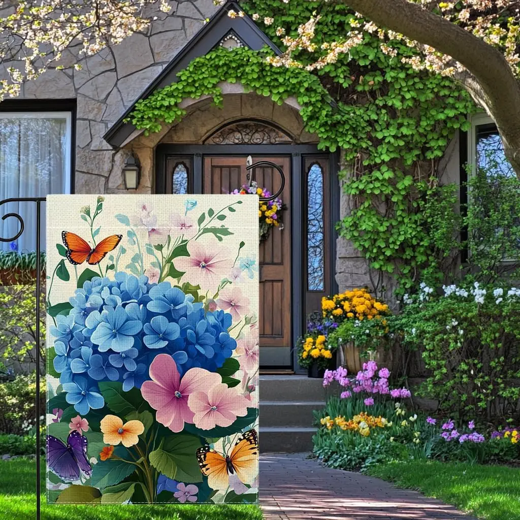 Spring Summer Hydrangea Flowers Garden Flag 12x18 Inch Double Sided Butterfly Colorful Floral Yard Outdoor Flag House Holida EEZ