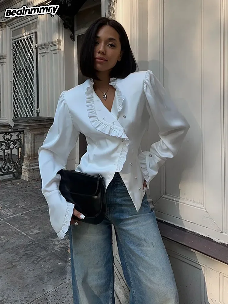 2025 Chic White Ruffled V Neck Split Women's Blouse Fashion Flare Sleeve Single Breasted Shirts Lady Spring Commute Street Top