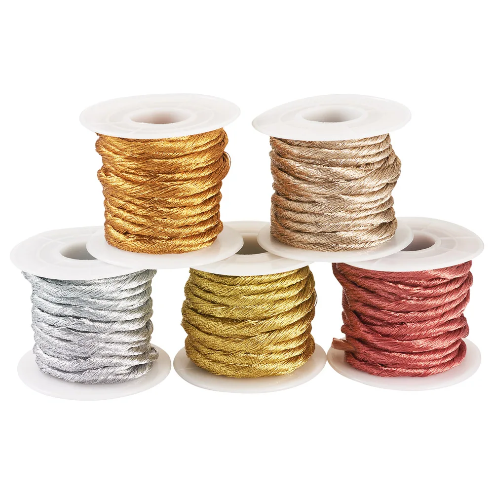 

5Roll 3mm Round Polyester Braided Cord Gold Metallic Cord DIY Jewelry Accessories Rope Bracelet Making String Beading Threads