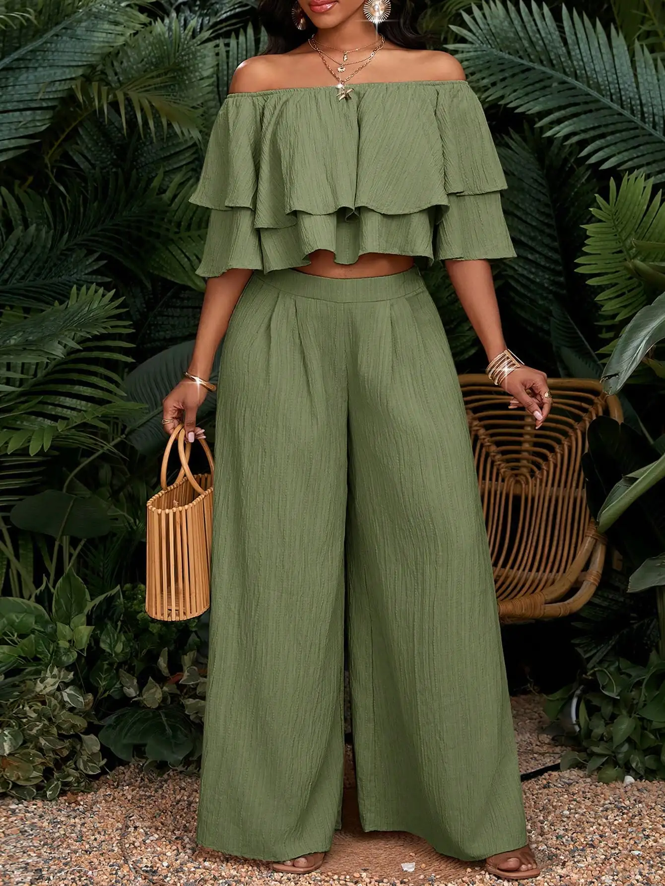 

Off Shoulder Ruffle Top And Wide Leg Pants Set Solid Green Summer Casual Women