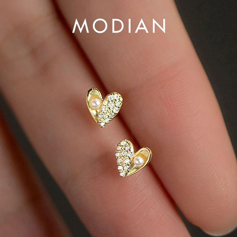 MODIAN 925 스털링 실버 로맨틱 골드 컬러 하트 CZ 스터드 귀걸이, 우아한 진주 귀걸이, 여성용 파인 주얼리 선물 Best5 MODIAN 925 스털링 실버 로맨틱 골드 컬러 하트 CZ 스터드 귀걸이, 우아한 진주 귀걸이, 여성용 파인 주얼리 선물 Best5