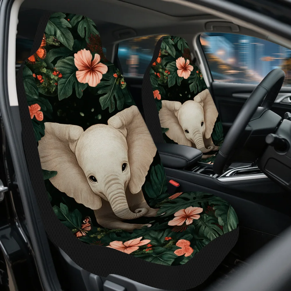 2pcs Elephant In Floral Wonderland Car Seat Covers Set - Universal Fit, High-Quality Durable Design With Vibrant Floral Patterns