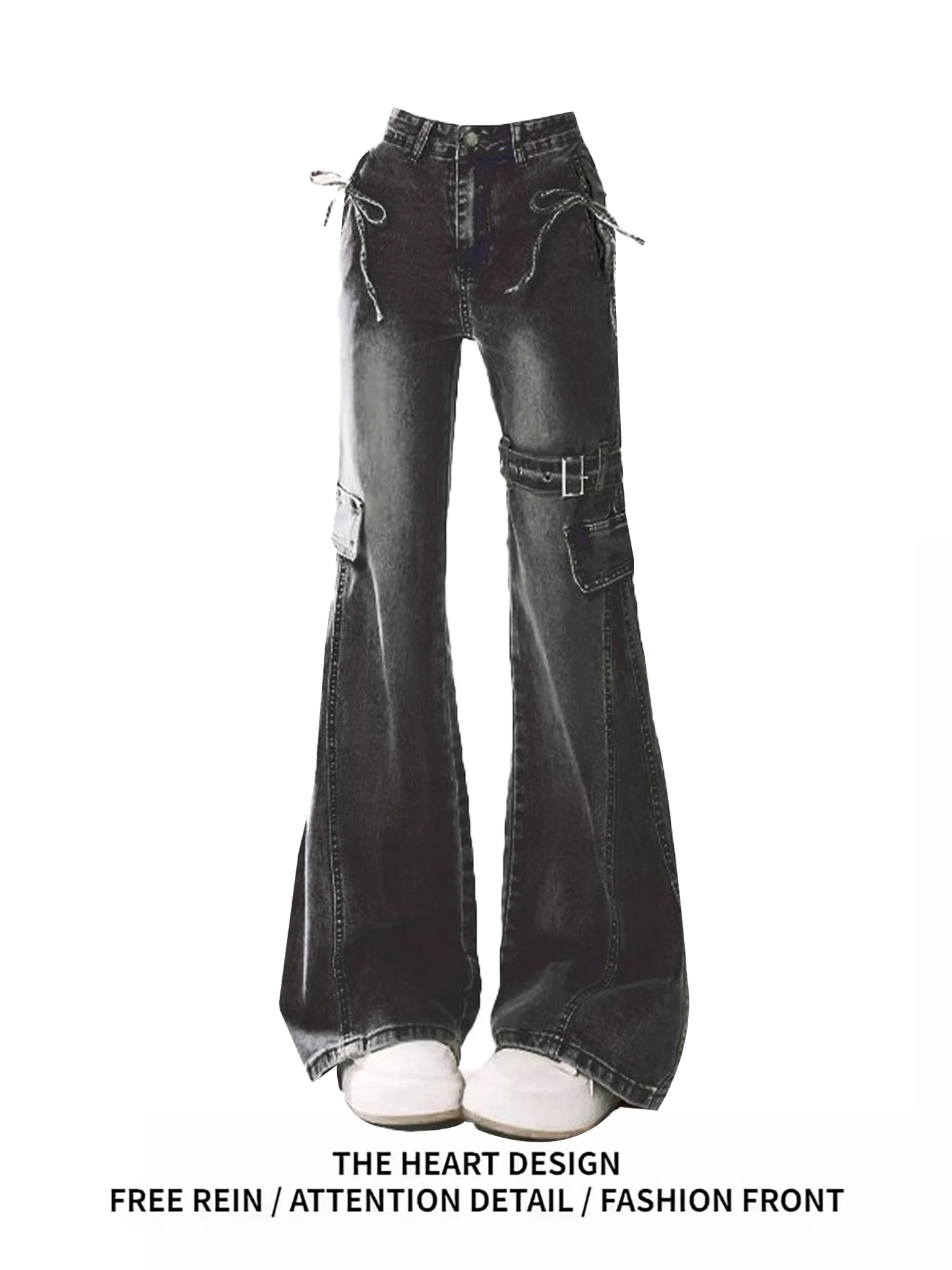 

Американские ретро-джинсы с поясом и бантом, расклешенные, с высокой талией, утягивающие, женские, джинсовые брюки, весна-осень, новые, повседневные, черные