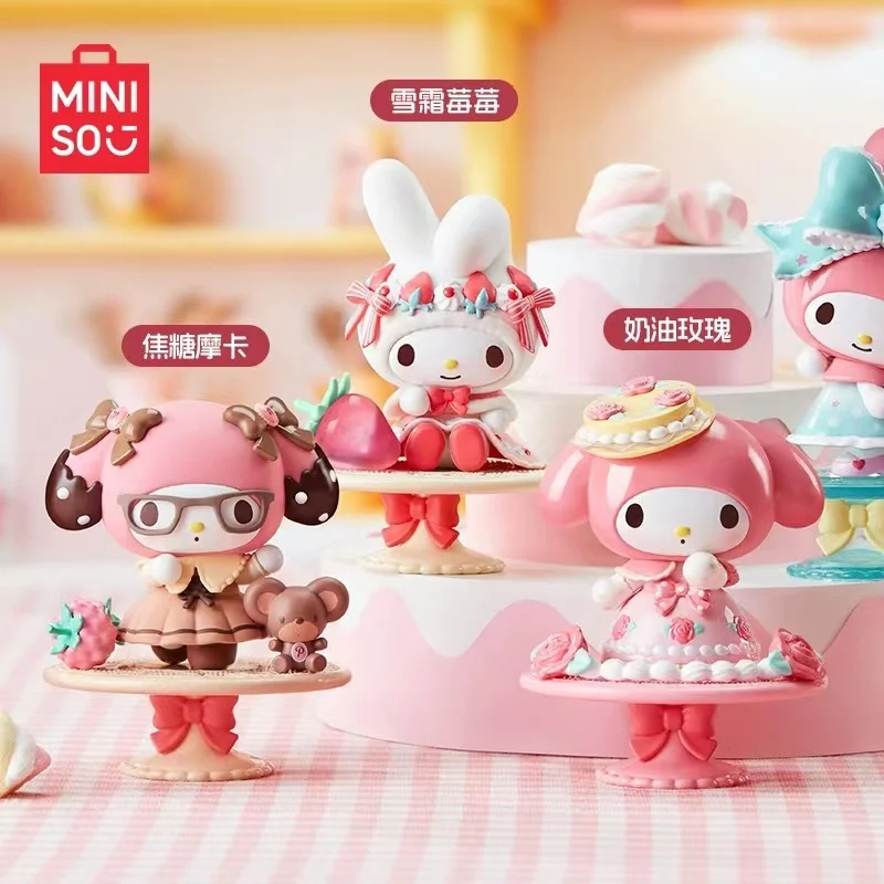 Miniso Sanrio Melody-caja ciega de la serie de té de la tarde, muñeco bonito para sentarse, adorno de escritorio, modelo de juguetes de dibujos animados, regalo de decoración