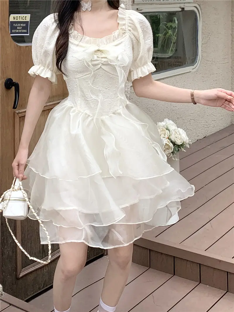 French Short Party Dress Women Puff Sleeve Elegant Vintage Mini Dress Female Autumn 2022 Casual Kawaii Lolita Dress Korean Chic