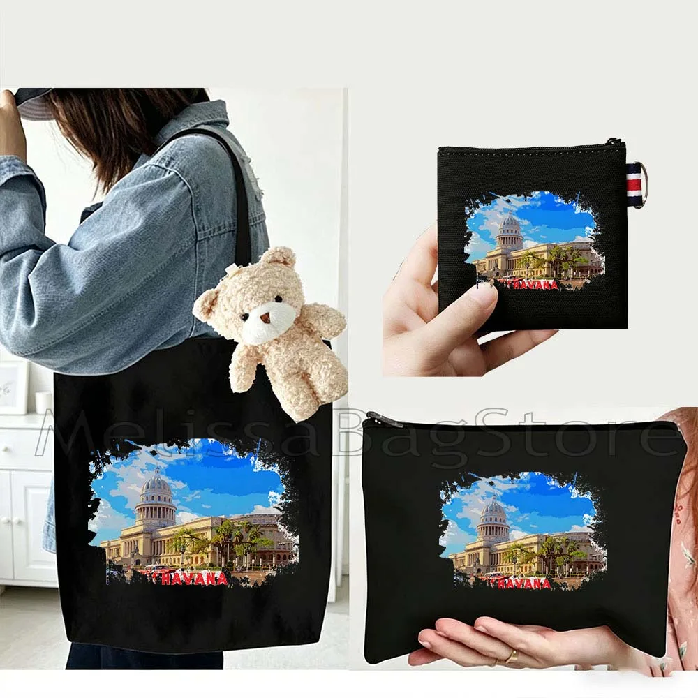 4PCS Gifts Set Havana Cuba White Canvas Tote Bag Handbag with Doll Key Coin Purse Cosmetic Makeup Toilet Bag Case Pouch