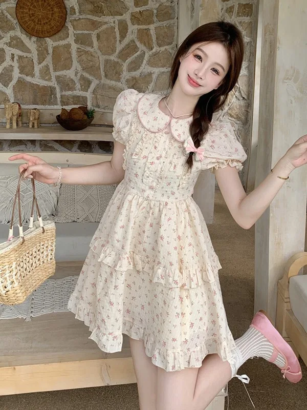 

plus Size Floral Print Princ Sle Dr with Puffy Sves And High Waist A-Line Skirt Korean Sle Commute Faion
