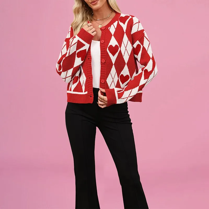 

Color Blocked Valentine's Day Knitted Jacket Love Sweater Button Cardigan Casual Long Sleeves Round Neck Sweater Woman Clothes